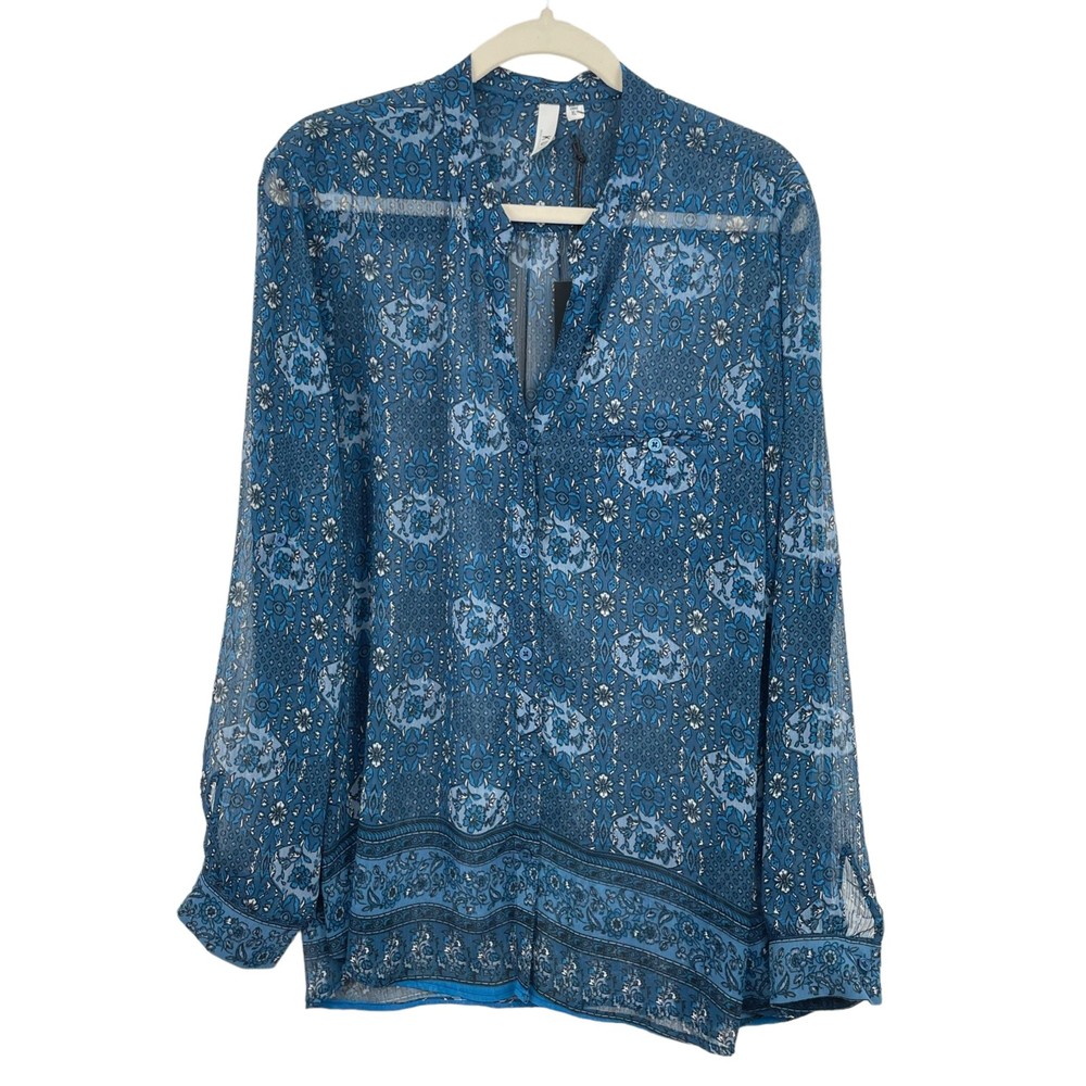 Kut From Kloth Womens Tunic Top Blue XL Polyester Floral Sheer Boho Roll Tab